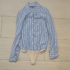 Veronica Beard Blue and Cream Striped Button-Down Bodysuit